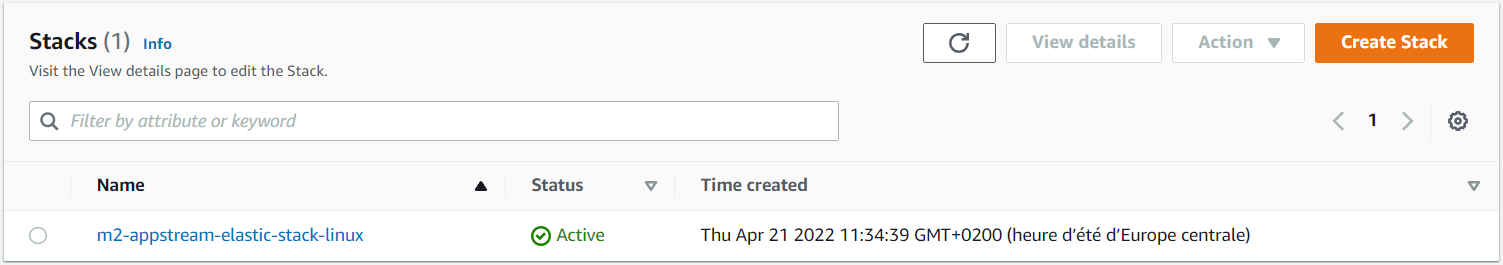 A página Stacks na AppStream versão 2.0 mostrando a pilha criada para a modernização do AWS mainframe.