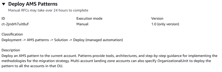 Deploy AMS Patterns interface showing ID, execution mode, version, and description details.