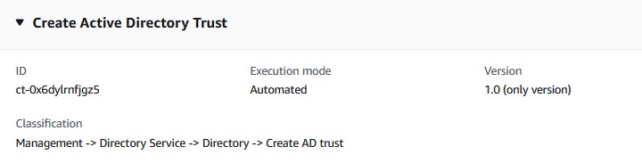 Create Active Directory Trust interface showing ID, execution mode, and classification details.