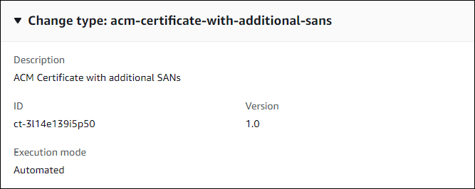 Alteração type details for ACM Certificate with additional SANs, including ID and version.