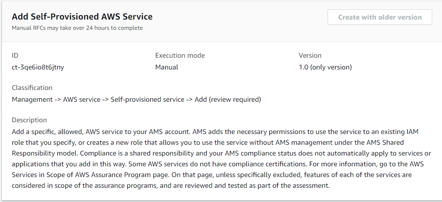 Form for adding a self-provisioned AWS service (Serviço da AWS) with ID, execution mode, and classification details.