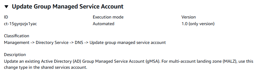 Atualize os detalhes do tipo de alteração da Conta de Serviço Gerenciada de Grupo mostrando ID, modo de execução e versão.
