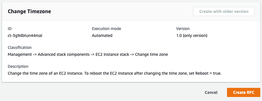 Alteração Timezone interface showing ID, execution mode, version, and description for EC2 instance.