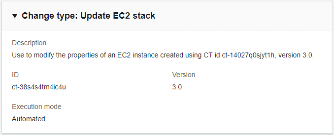 Alteração type details for updating EC2 stack, including description, ID, version, and execution mode.
