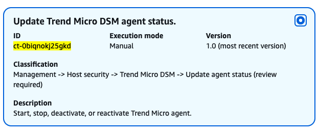 Update Trend Micro DSM agent status interface with ID, execution mode, and version details.