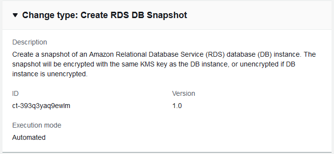 Alteração type details for creating an RDS DB snapshot, including description and execution mode.