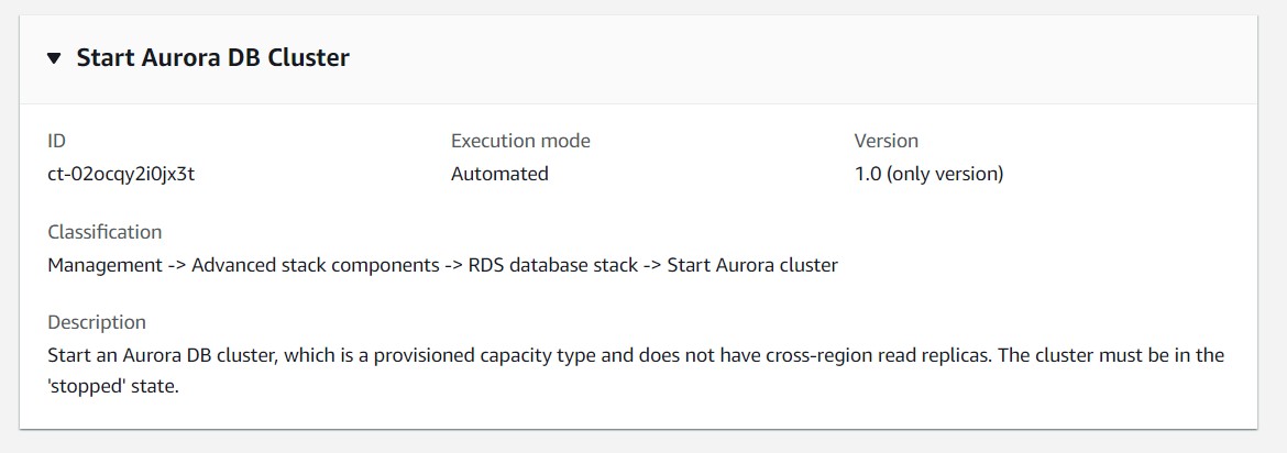 Aurora DB cluster details showing ID, execution mode, version, and description.