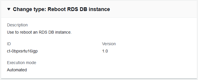 Alteração type details for rebooting an RDS DB instance, including ID and version.
