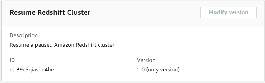 Resume Redshift Cluster interface with description, ID, and version details.