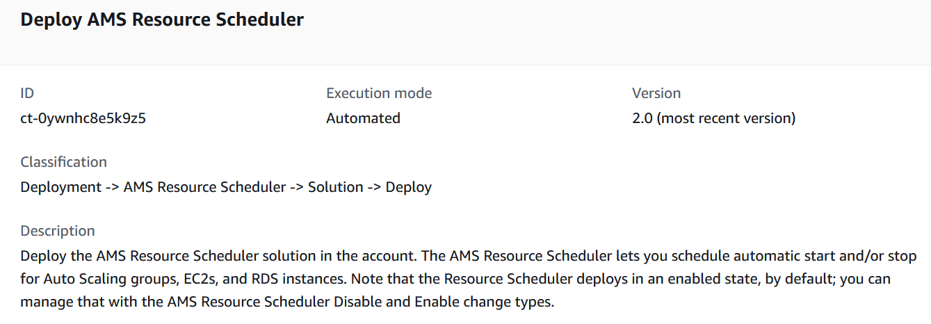 Deployment details for AMS Resource Scheduler, showing ID, execution mode, version, and description.