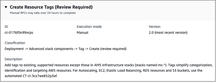 Console interface for creating resource tags, showing details like execution mode and description.