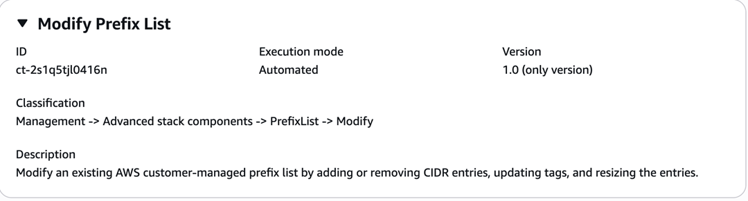 Captura de tela do tipo de alteração Modificar lista de prefixos gerenciados no console AMS