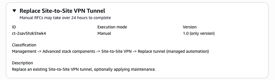 Captura de tela do tipo de alteração do túnel Substituir Site-to-Site VPN no console AMS