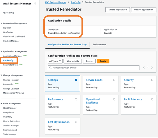 Um exemplo de configurações do Trusted Remediator no AWS AppConfig console.