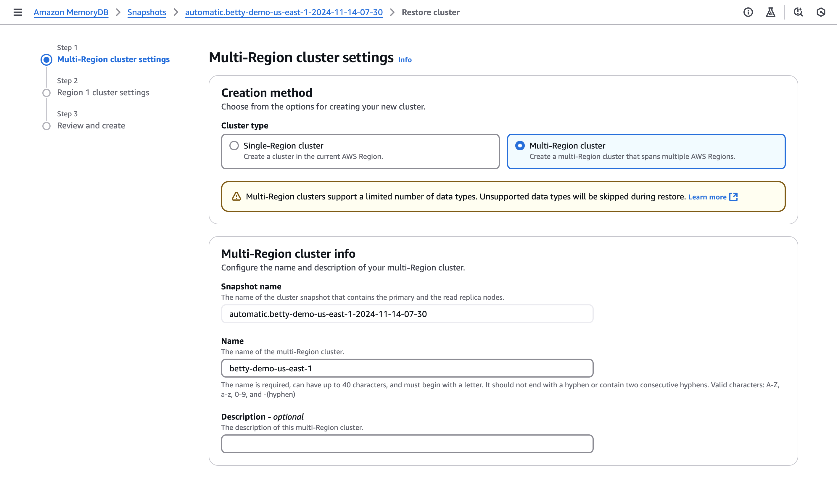 Visão do console da seleção do snapshot de origem a ser restaurado no cluster multirregional.