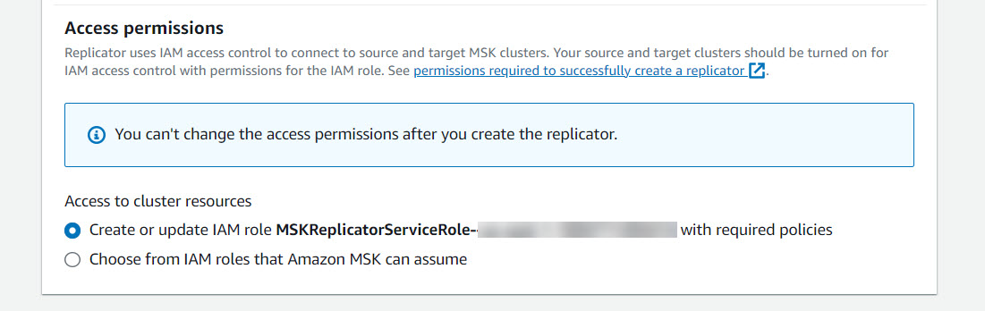Console do MSK para criar ou atualizar o perfil do IAM do replicador