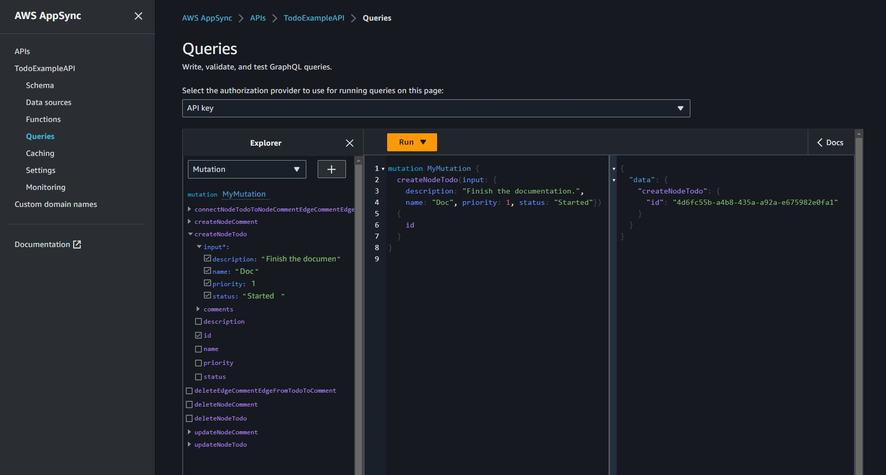 Captura de tela mostrando o console de AppSync consultas criando um nó Todo