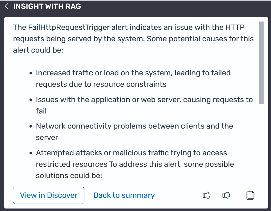 Um exemplo de um insight de alerta do Amazon Q Developer no OpenSearch Service.