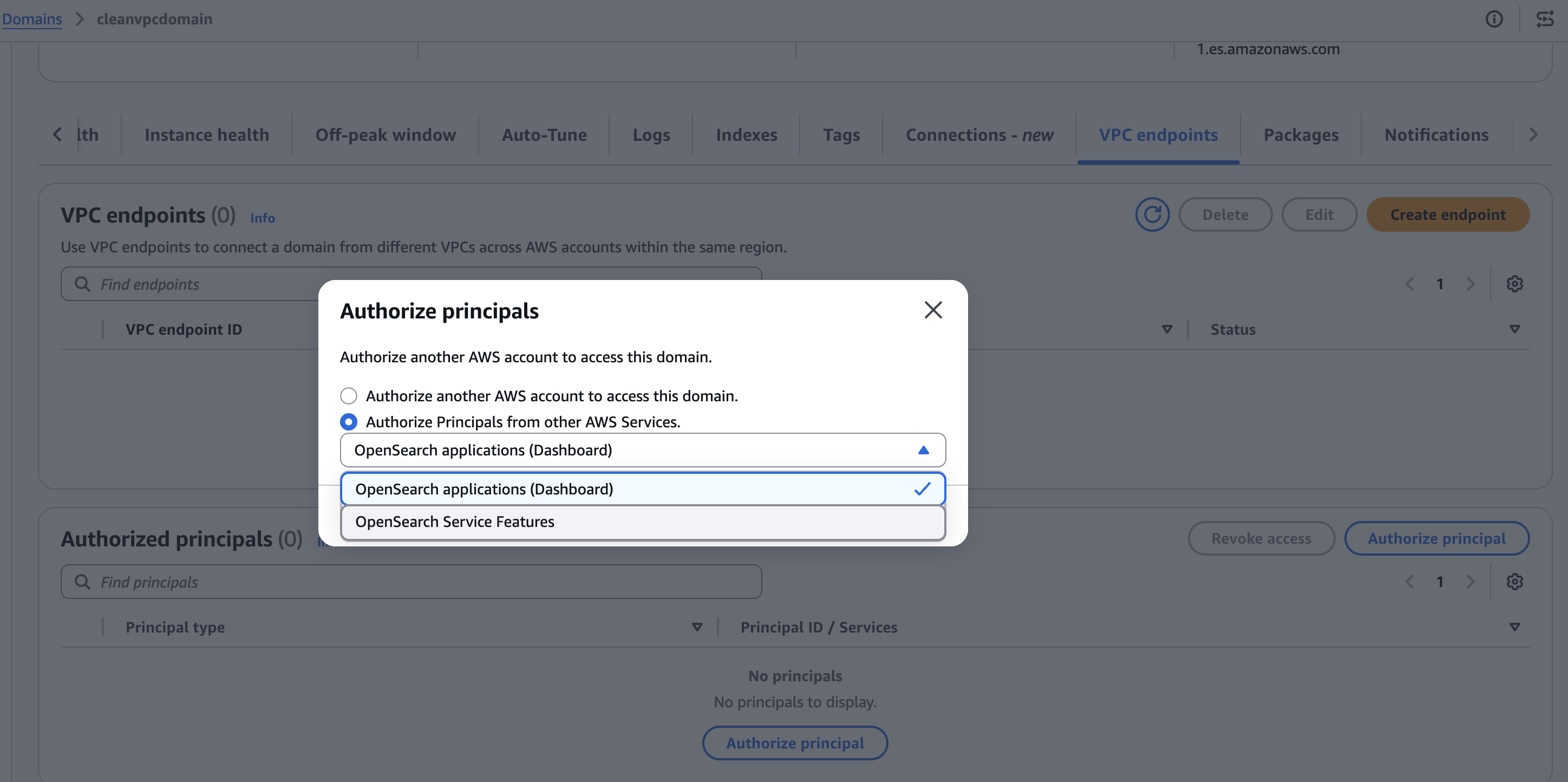 Caixa de diálogo Autorizar diretores com os Recursos do OpenSearch Serviço selecionados.