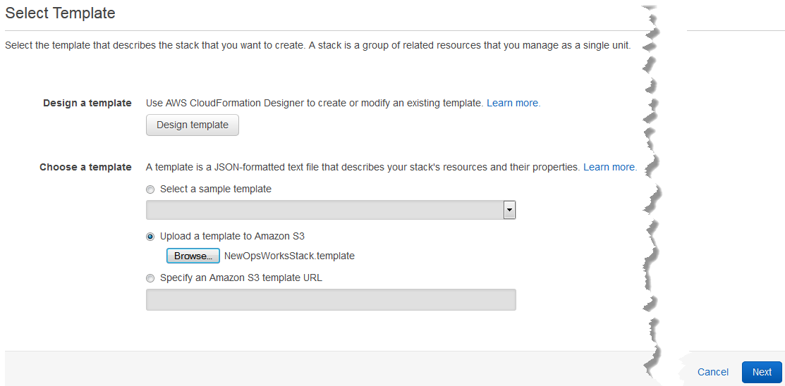 Página Select Template do AWS CloudFormation Create Stack.
