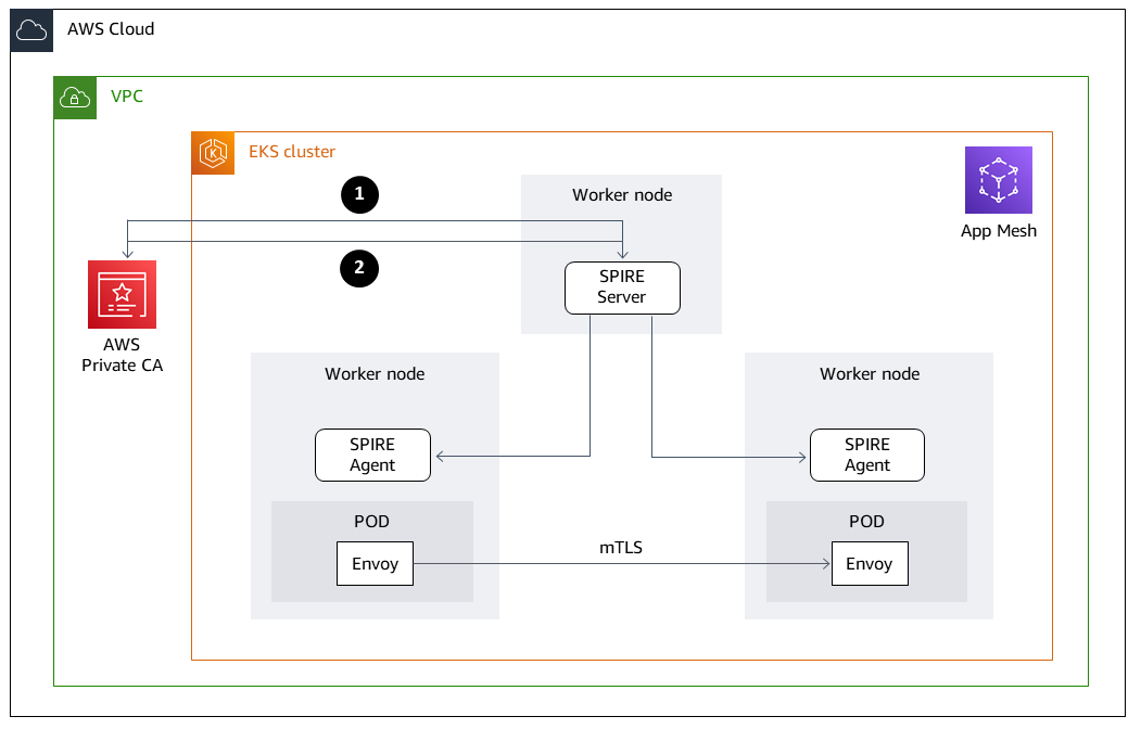 Nós de trabalho em cluster EKS com SPIRE Agents and Server, App Mesh e Envoys for mTLS.