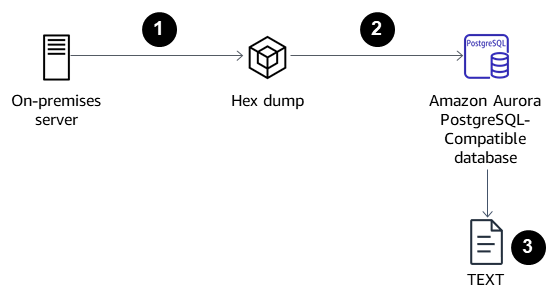 Processo de três etapas usando o Hex dump.