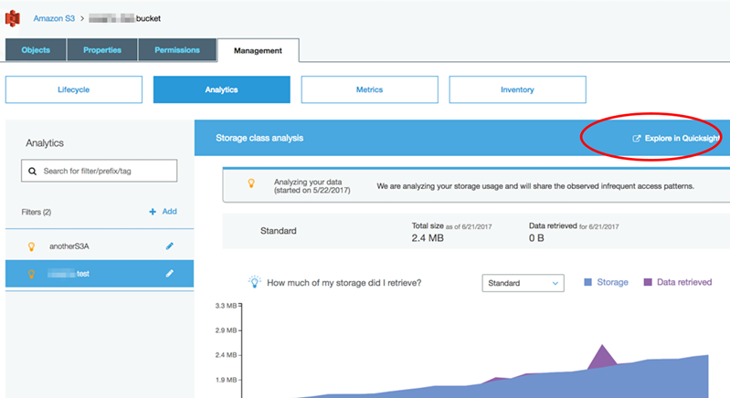 A imagem mostra a tela do analytics do Amazon S3. Há um botão chamado Explorar QuickSight no canto superior direito.