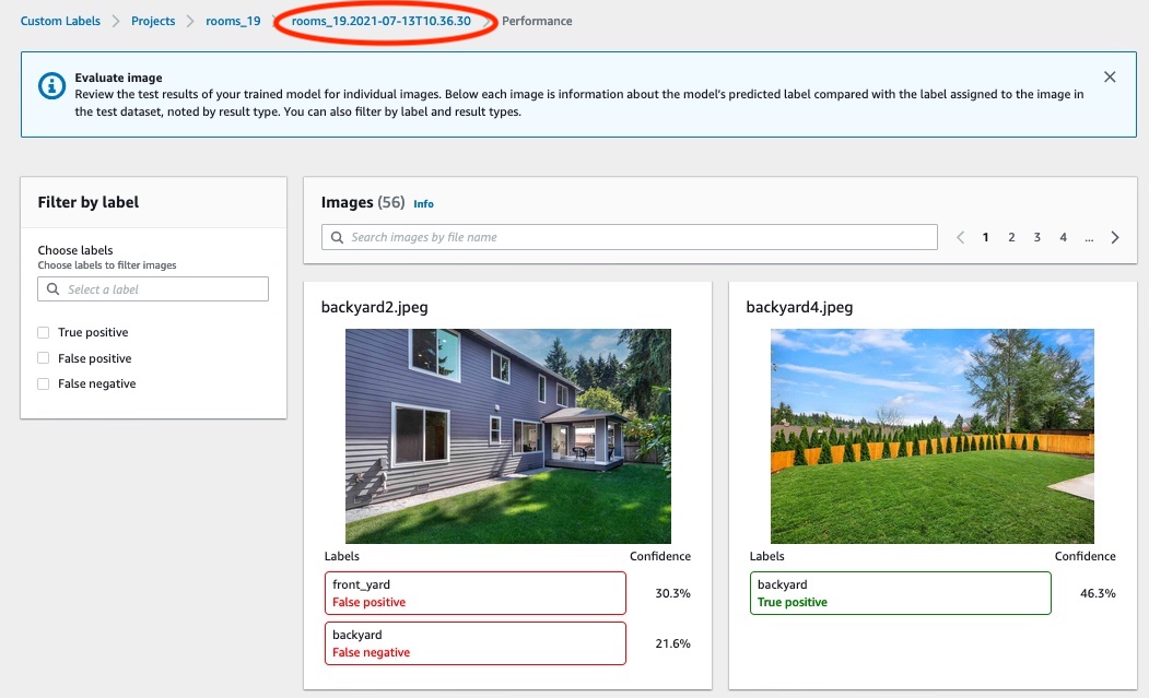 Interface mostrando os resultados do teste de um modelo treinado em um conjunto de dados de imagens de quintal e jardim da frente, com rótulos previstos e pontuações de confiança exibidas.