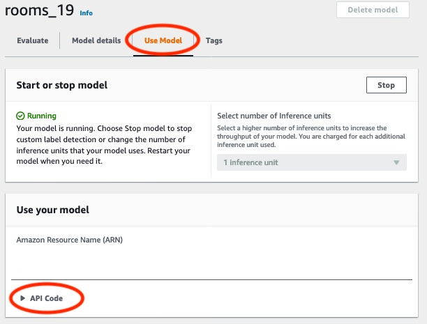 Interface mostrando os detalhes do modelo com a opção de exibir o nome do recurso da Amazon (ARN) e o código da API para usar o modelo.
