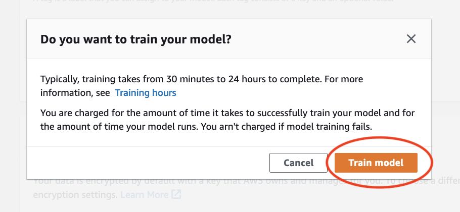 Caixa de diálogo perguntando “Quer treinar seu modelo?” com os botões Cancelar e Treinar modelo.