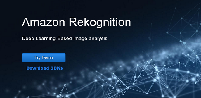 Página do produto de análise de imagem baseada em deep learning do Amazon Rekognition com os botões “Try Demo” e “Download”. SDKs