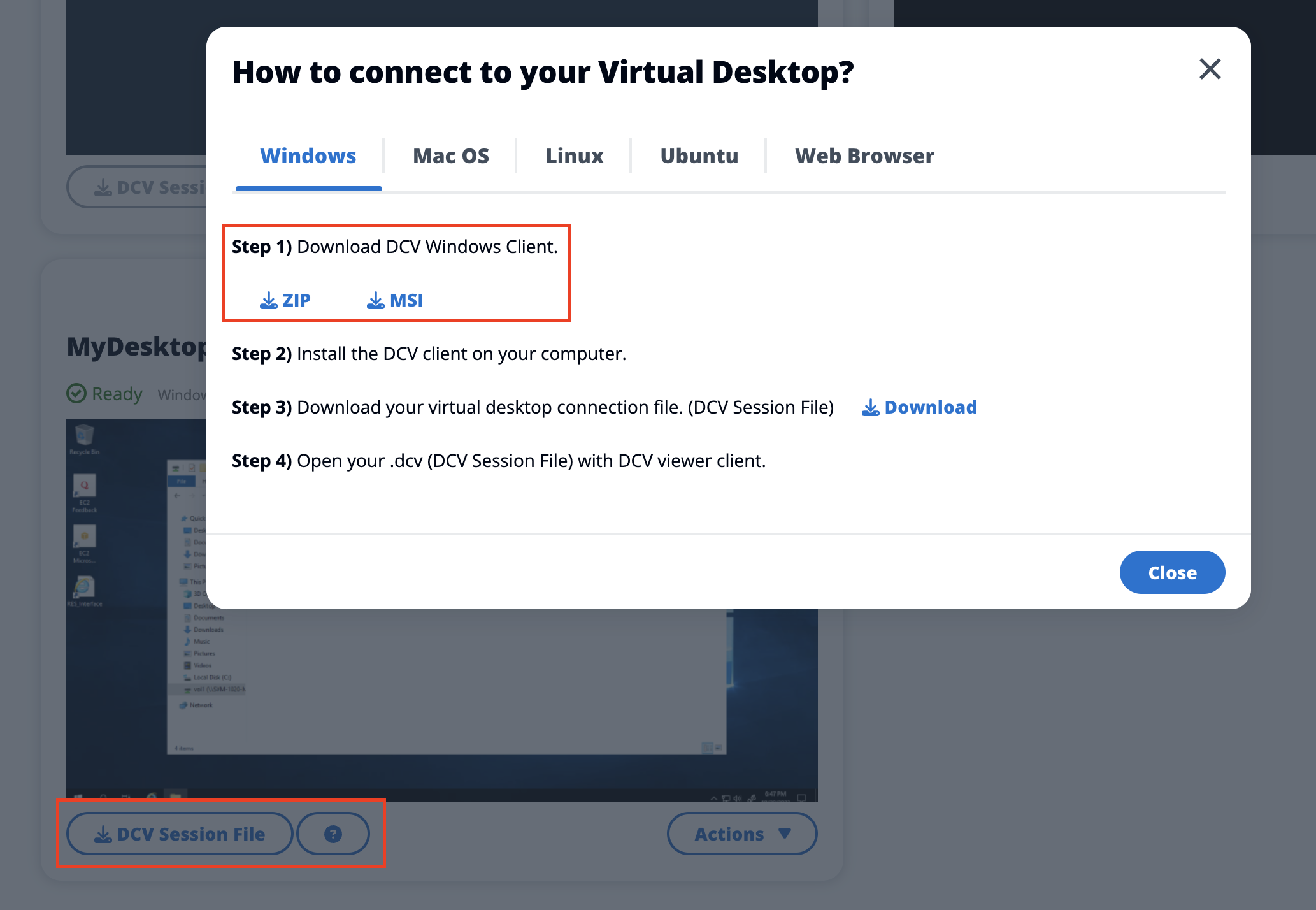 Acesse a área de trabalho virtual por meio de DCV
