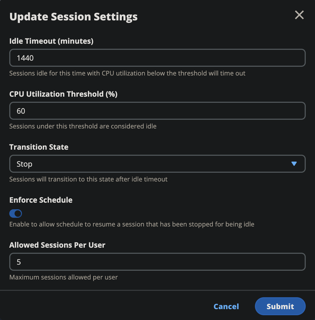 atualizar as configurações da sessão