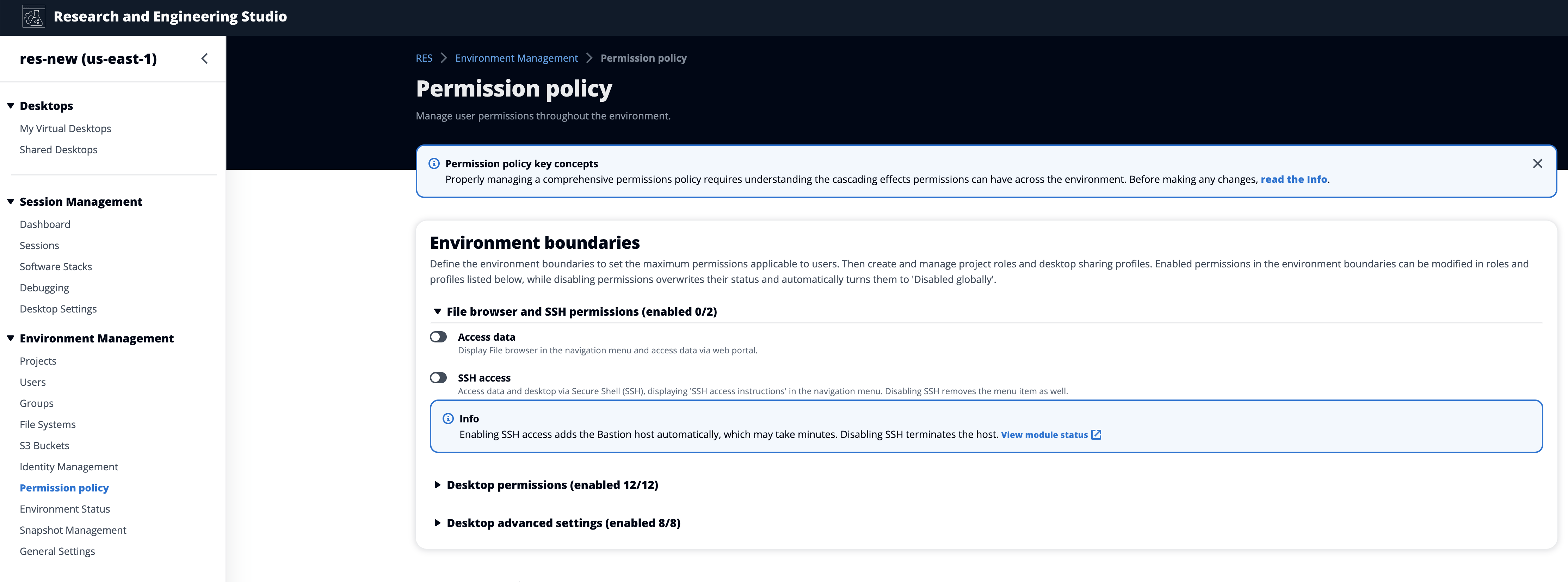 Permission policy interface showing environment boundaries and file browser settings.