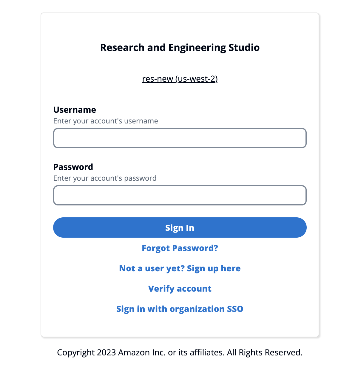 Página de login do usuário com opções para se inscrever, verificar a conta ou fazer login com o SSO da organização