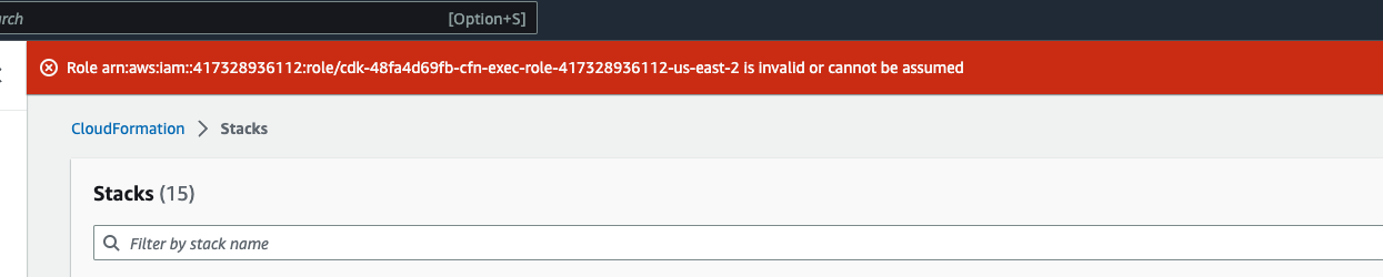 CloudFormation janela de pilhas mostrando um erro de uma função inválida