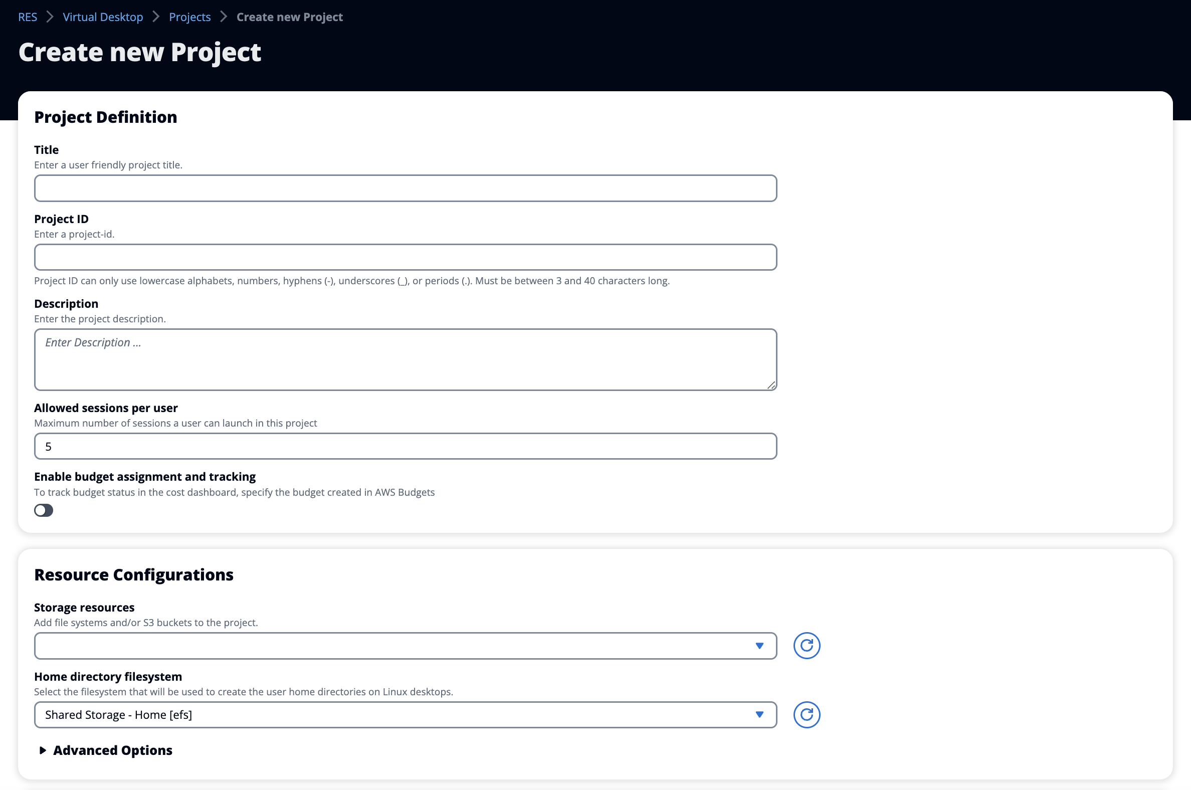Crie um novo projeto com configurações de recursos