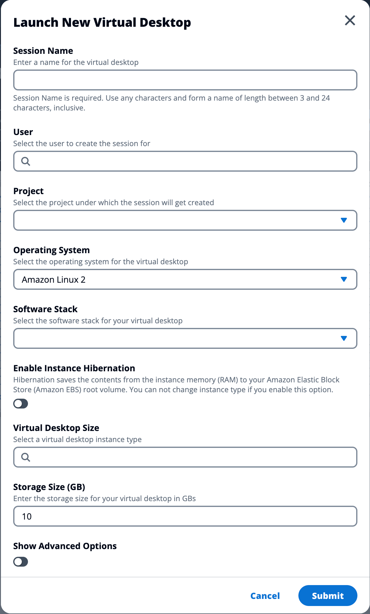Detalhes da página do console de administração com campos a serem preenchidos para iniciar um novo desktop virtual