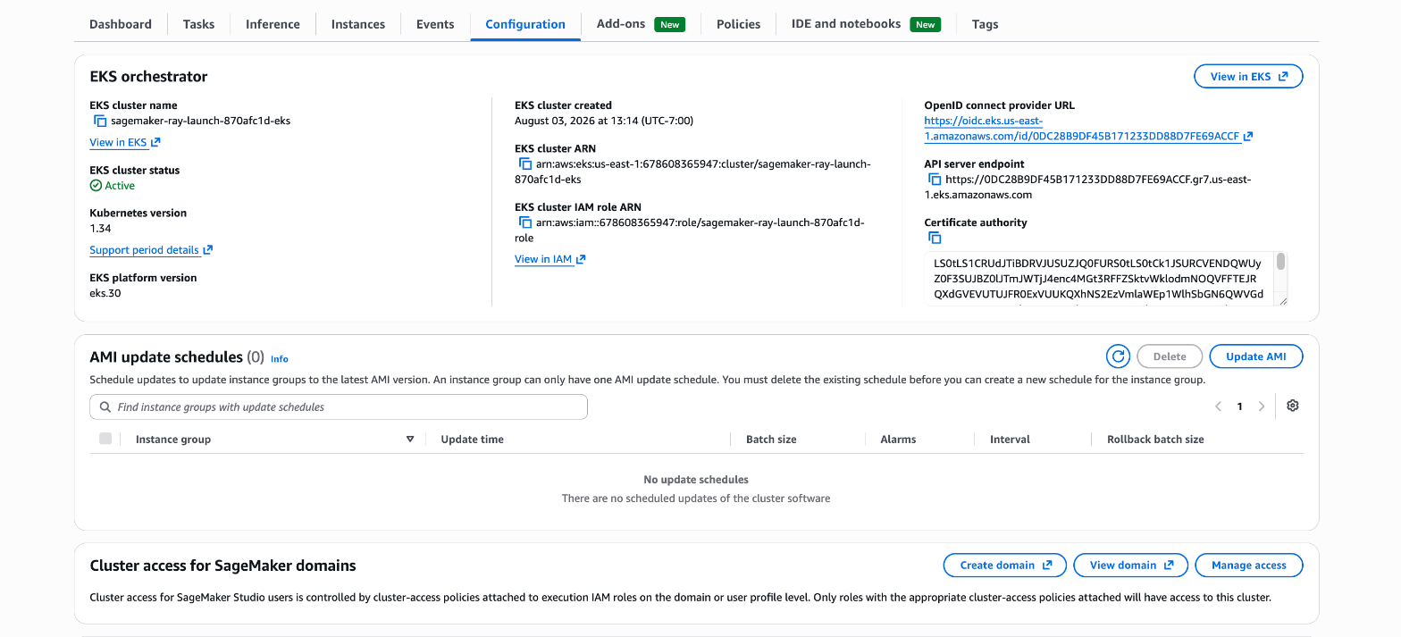 A guia Configuração de um HyperPod cluster, mostrando os detalhes do orquestrador EKS e a seção Acesso ao cluster para SageMaker domínios com os botões Criar domínio, Exibir domínio e Gerenciar acesso.