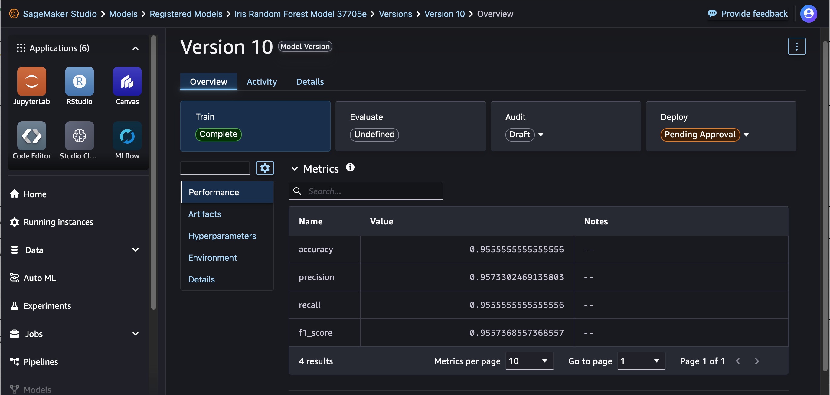 MLflow modelos registrados no SageMaker Model Registry na interface do usuário do Studio.