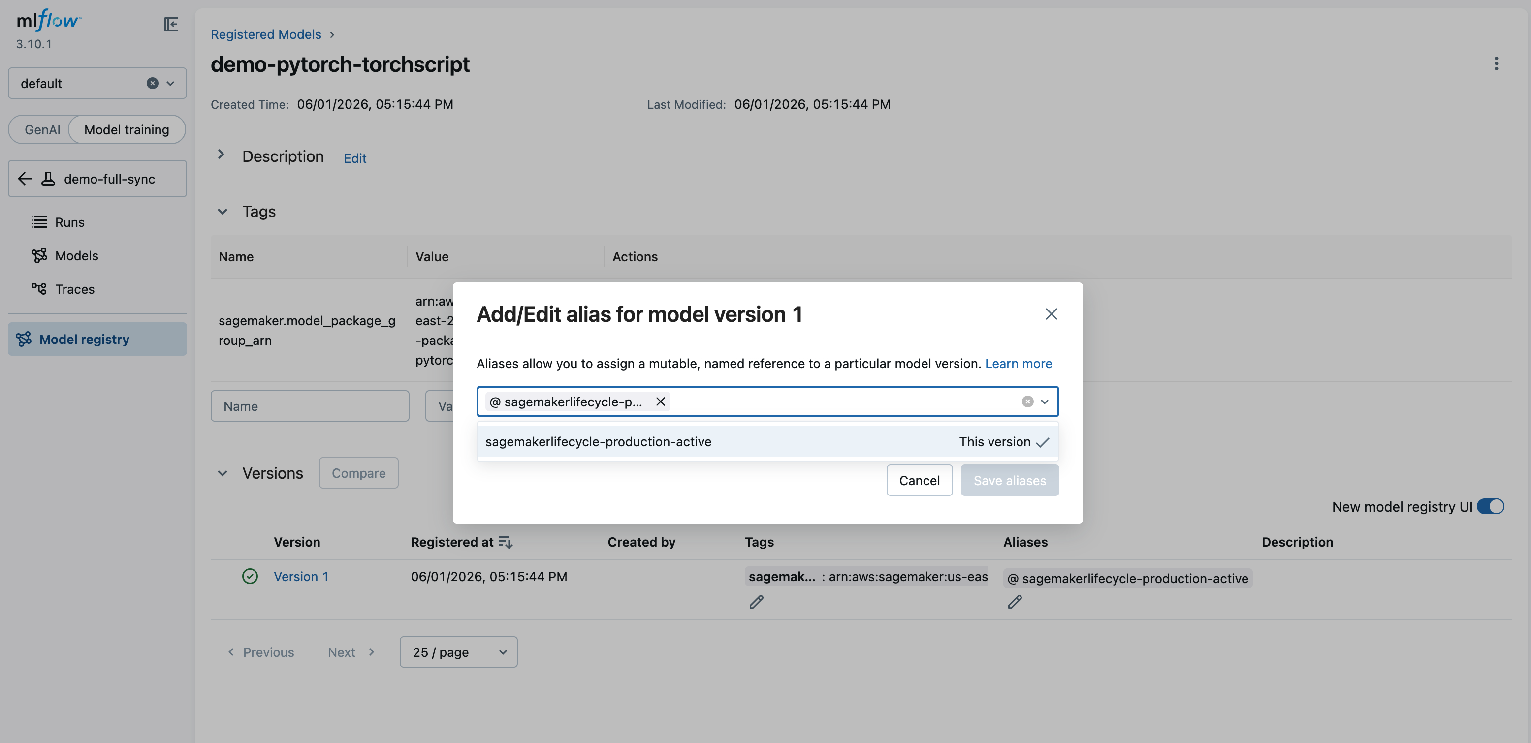 Definindo um alias de ciclo de vida na interface do usuário do MLFlow.