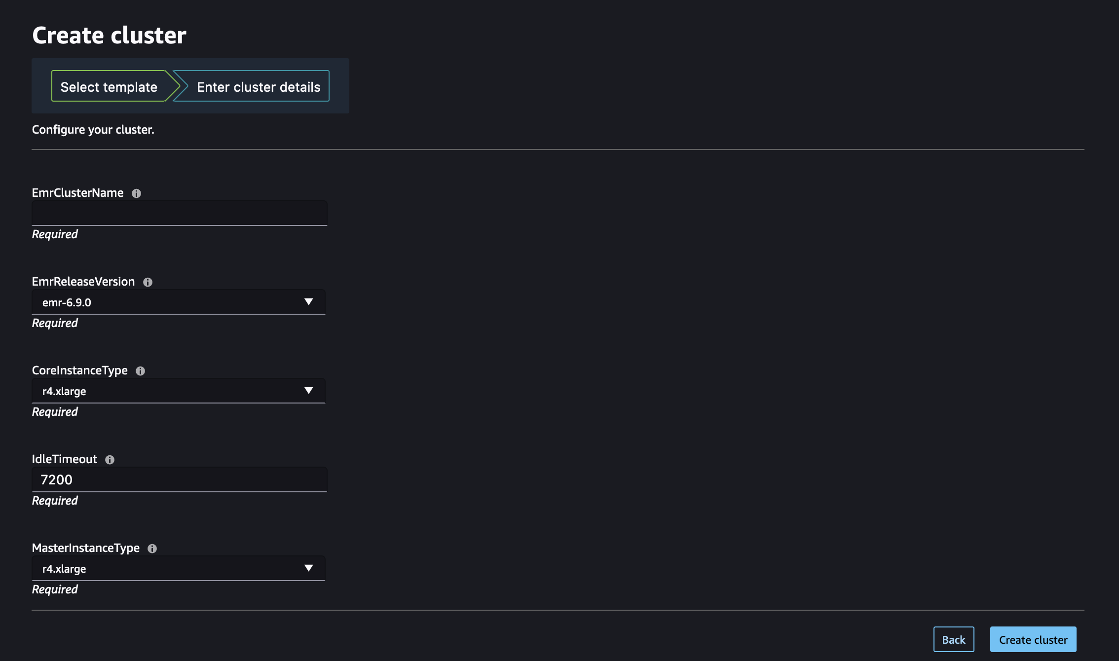 Formulário de criação de cluster do Amazon EMR no Studio ou Studio Classic.