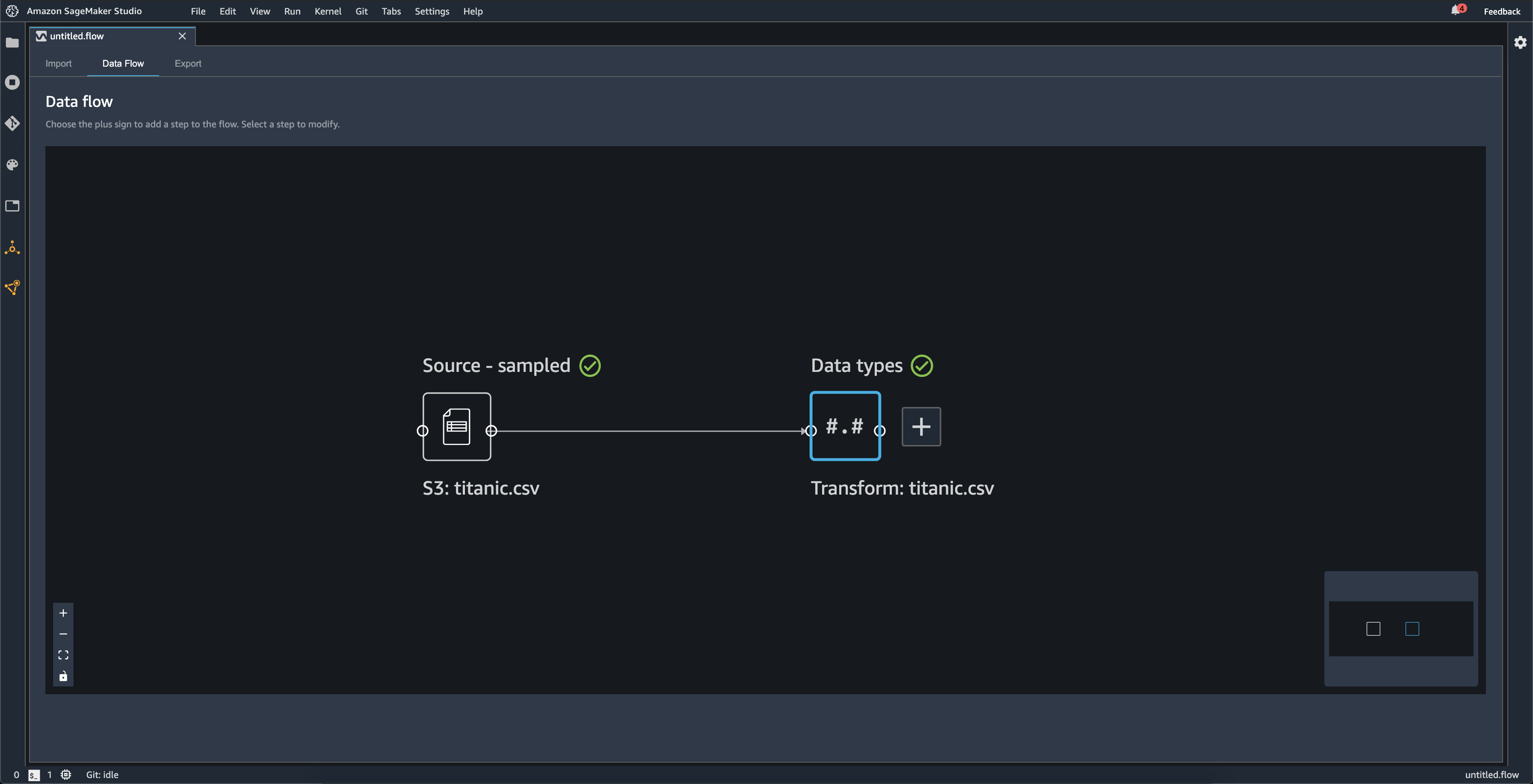 Exemplo mostrando a Fonte: com amostra e Tipos de dados no console do Data Wrangler.
