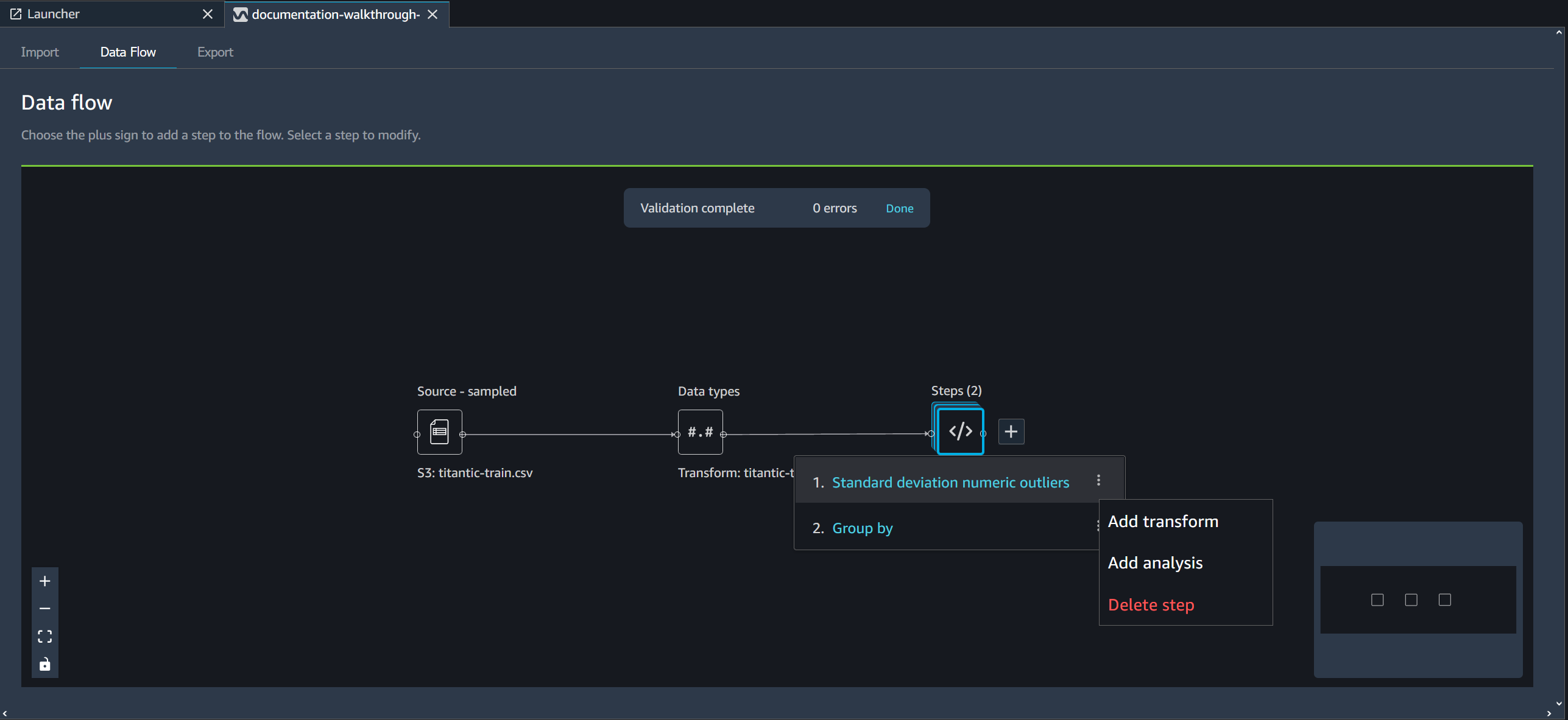 Exemplo de como excluir uma etapa na página de fluxo de dados do console do Data Wrangler.