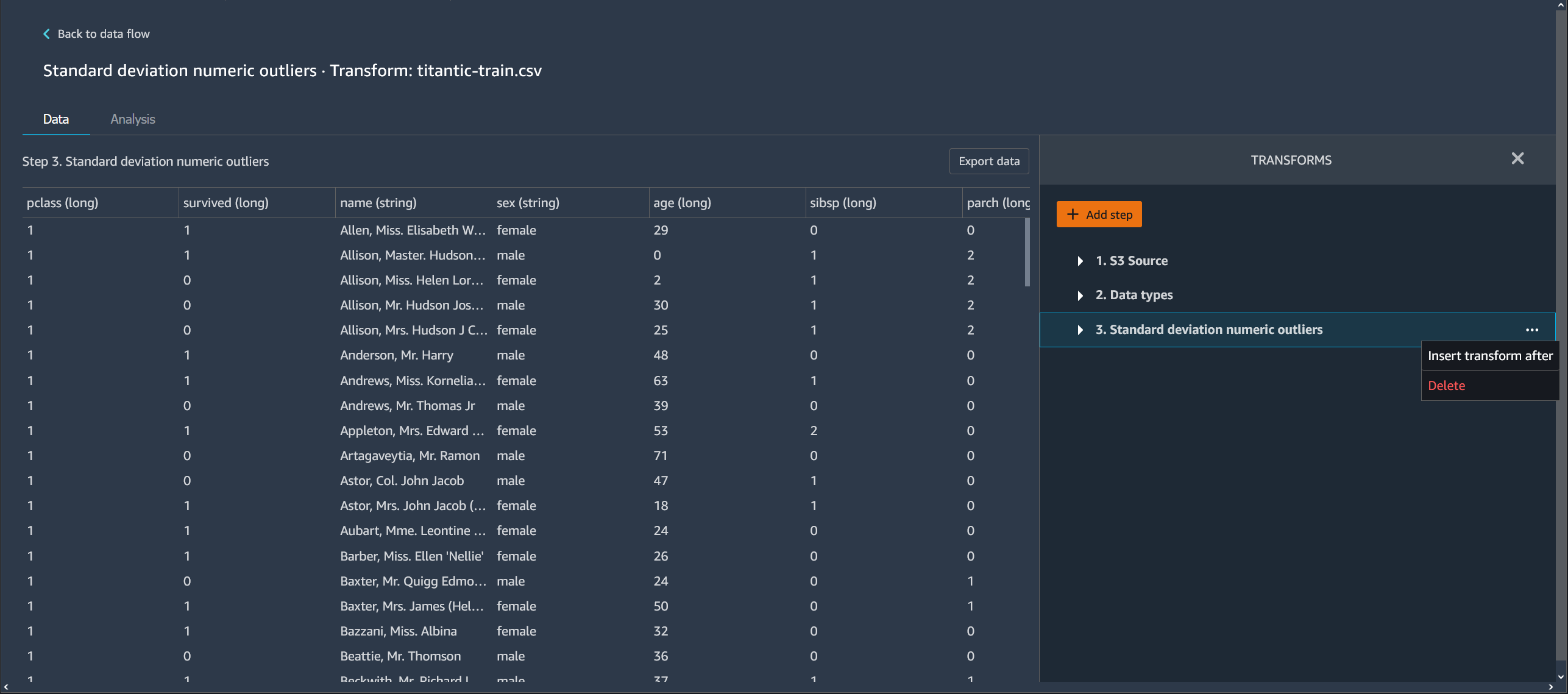 Exemplo de como excluir uma etapa na exibição de tabela do console do Data Wrangler.