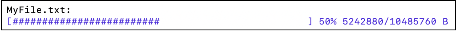 Saída do console mostrando uma barra de progresso para o upload de MyFile .txt com porcentagem de conclusão e velocidade de transferência