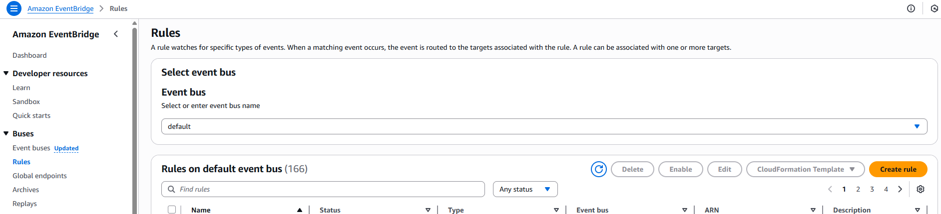 Os serviços da AWS enviam eventos para o barramento de eventos padrão do EventBridge. Se um evento corresponder ao padrão de evento de uma regra, o EventBridge enviará o evento aos destinos especificados para essa regra.