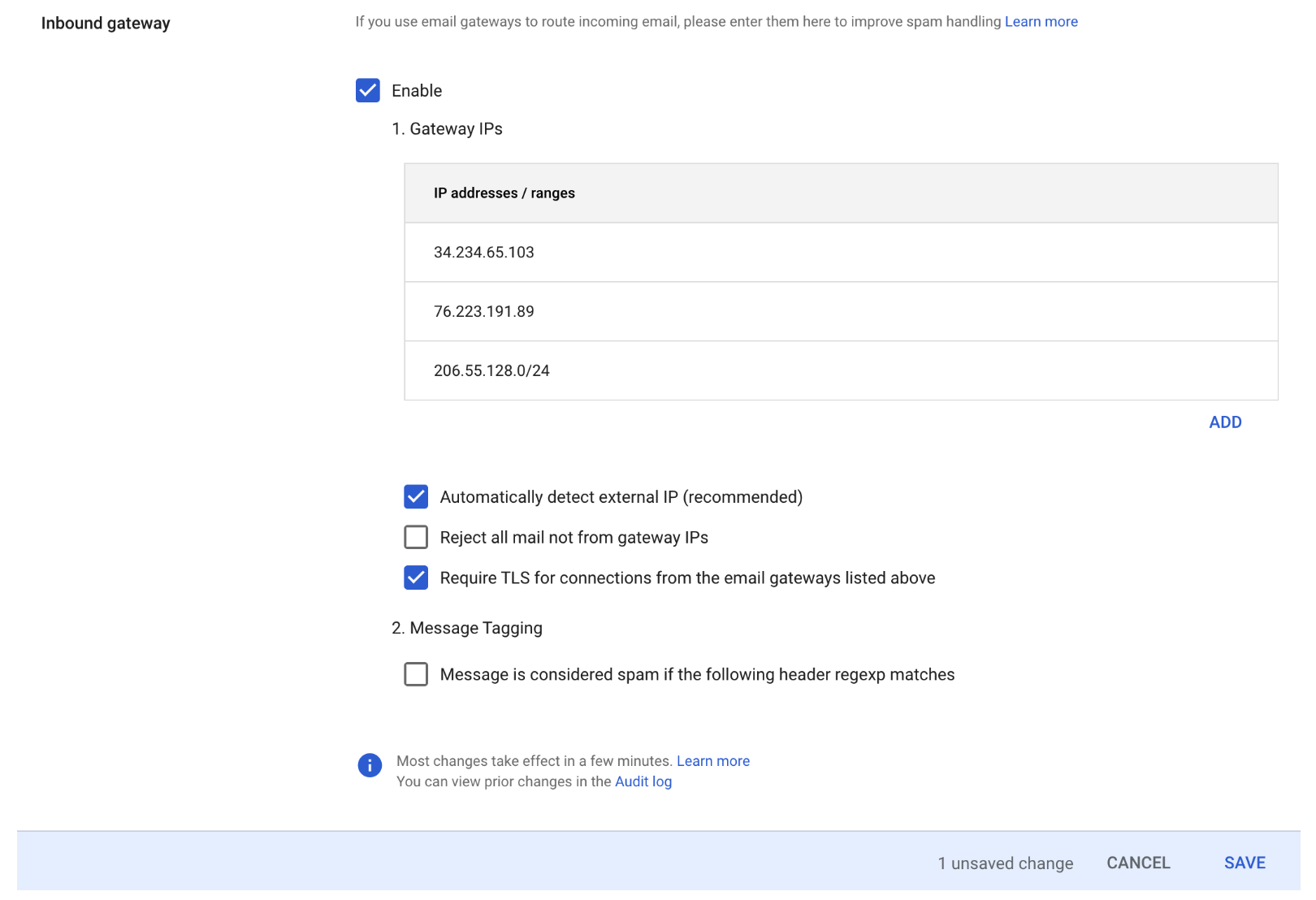 Ative o Gateway de entrada e configure-o com detalhes.