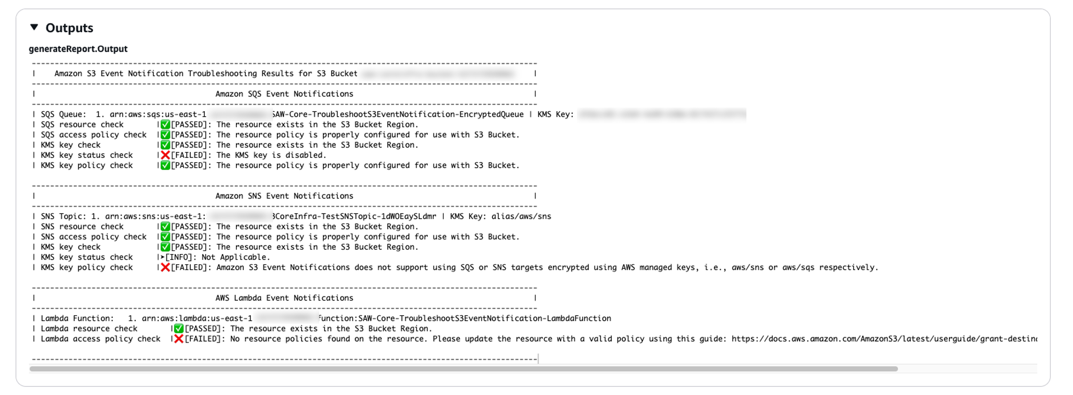 AWSSupport-TroubleshootS3 exemplos de saída de execução do EventNotification runbook.