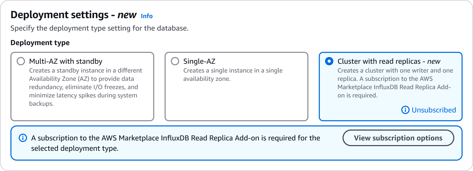 A interface de banco de dados Create InfluxDB que mostra as diferentes configurações de implantação disponíveis para o novo banco de dados. A opção de cluster com réplicas de leitura está selecionada.